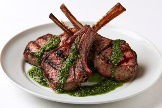 Gourmet Grilled Lamb Chops Topped with Fresh Green Chimichurri Sauce on White Ceramic Plate Restaurant Fine Dining Concept