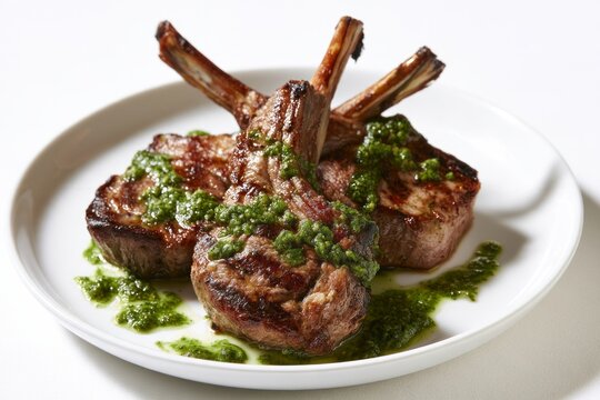 Gourmet Grilled Lamb Chops Topped with Fresh Green Chimichurri Sauce on White Ceramic Plate Restaurant Fine Dining Concept