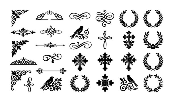 Decorative vintage flourishes set with crosses and laurels for design, ornate borders and emblems