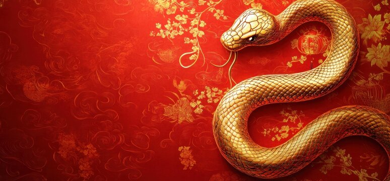 Golden Snake on Ornate Red Background with Floral Patterns