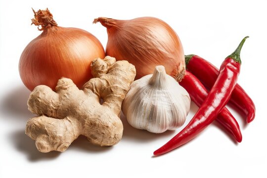 Fresh Organic Ginger Yellow and Red Onions Garlic Bulbs and Red Chili Peppers Raw Spices Ingredient Food Concept