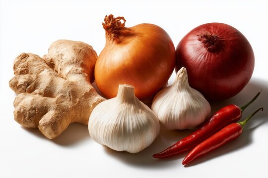 Fresh Organic Ginger Yellow and Red Onions Garlic Bulbs and Red Chili Peppers Raw Spices Ingredient Food Concept
