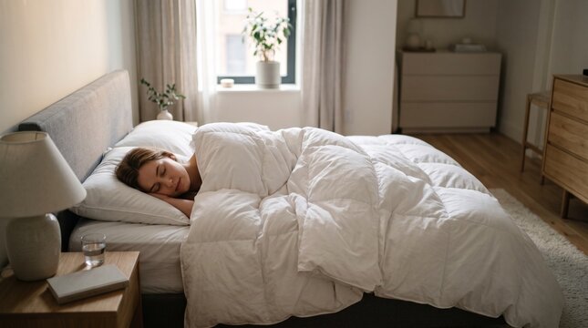 Young woman peacefully sleeping in a cozy bed covered with a fluffy white duvet in a bright bedroom
