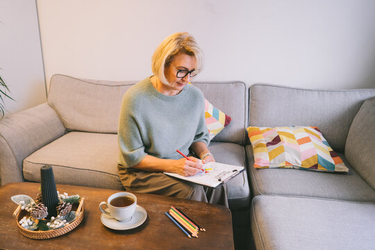 Woman drawing work-life balance wheel sitting on the sofa at home. Self-reflection and life planning for next new year. Personal Year review. Coaching tools. Finding Balance in Life. Selective focus