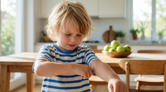 Little blonde boy scratches itchy skin on arm in bright kitchen. Young kid feels pain from bug bite allergy reaction. Distressed child sits at wooden table near fruit bowl in home living room