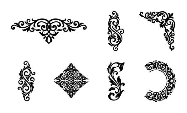 Vintage scrollwork and corner flourish silhouettes for graphic design and decoration