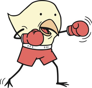 Funny athletic chicken practices boxing, throwing a jab with red gloves during training