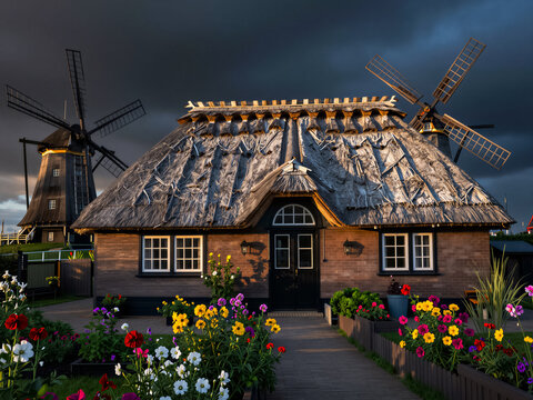 A rustic cottage with a thatched roof and flowers set against dramatic storm clouds and windmills.