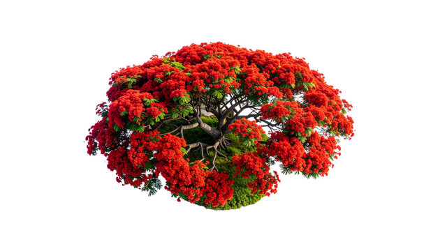 Beautiful blooming flamboyant flame tree crown with scarlet red blossoms and thick branches for summer theme on a transparent backgrounds