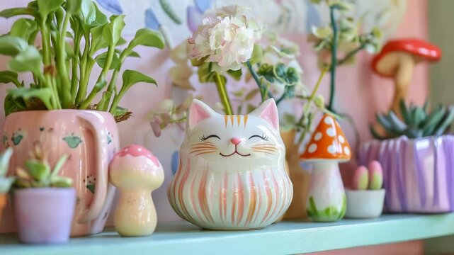 Adorable ceramic cats and pastel pots with flowers mushrooms and plants arranged on shelf showing playful home decor kawaii style cheerful interior decoration soft spring lifestyle mood cozy comfort
