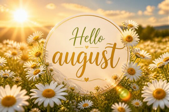 Round sign reading hello august positioned in daisy field sunrise