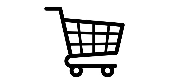 Black shopping cart icon for ecommerce web stores and retail mobile user interfaces.