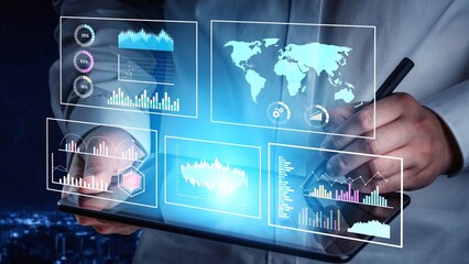 Obraz premium Professional analyzes digital data on tablet screen with vibrant graphs, charts and world map in a modern tech environment at night Gluon.