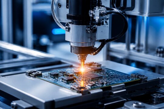 Printed circuit board being soldered by robotic system in factory