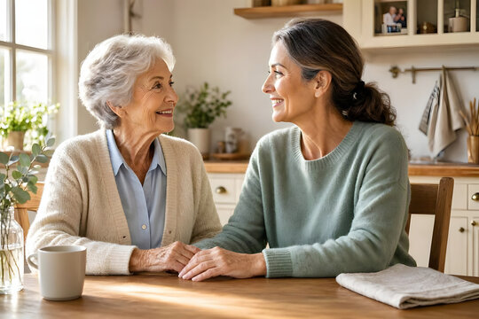 Elderly mother talking with her adult daughter