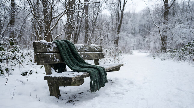 A peaceful winter scene with a bench covered in snow and a green scarf draped over it