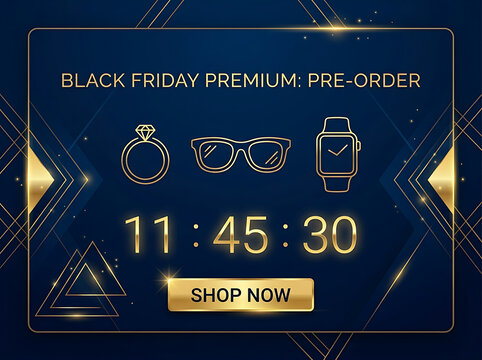 Black friday premium pre-order banner with digital countdown timer and luxury