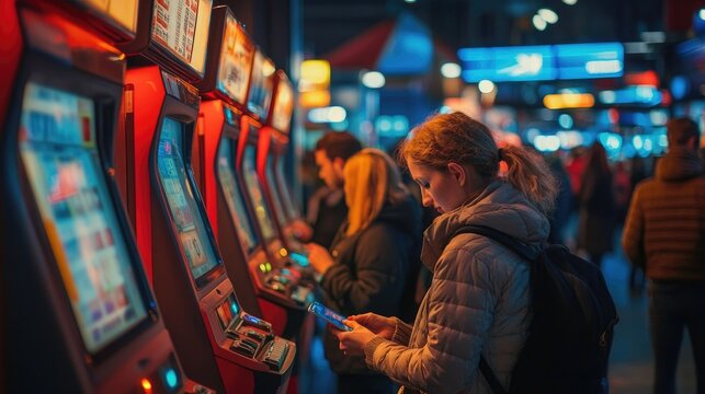 Woman playing slot machines in a vibrant casino at night