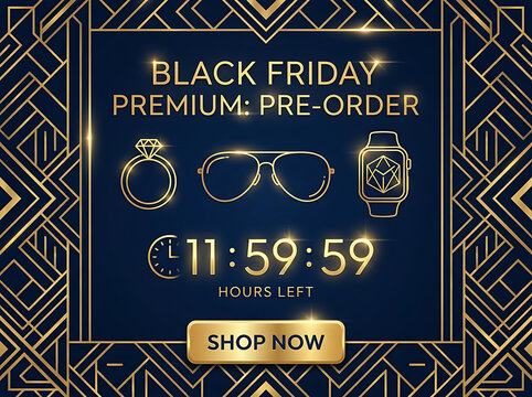Black friday premium pre-order promotion banner with luxury golden art deco