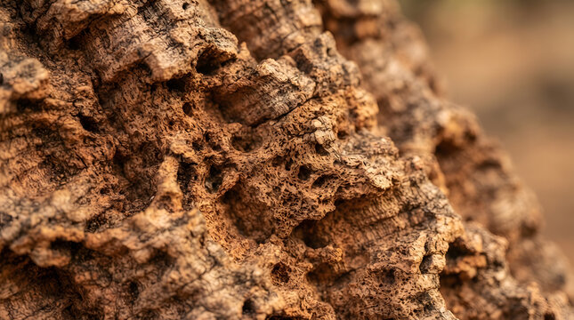 Cork Bark Texture, Detailed Macro Shot Showcasing Natural Patterns and Earthy Tones. Rustic Background, Organic Surface, Close-Up Detail.