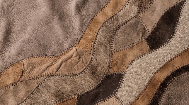 Brown and beige leather patchwork texture with cowhide fur, suede and linen pieces joined by zigzag stitching, rustic handcrafted material background for interior design and fashion