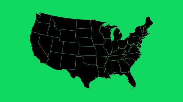 United States of America white and black map appearing 48 states one by one with borders animation on green screen chroma key background