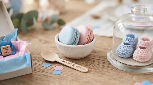 Gender reveal party concept with blue and pink macarons, baby shoes, and wooden spoon.