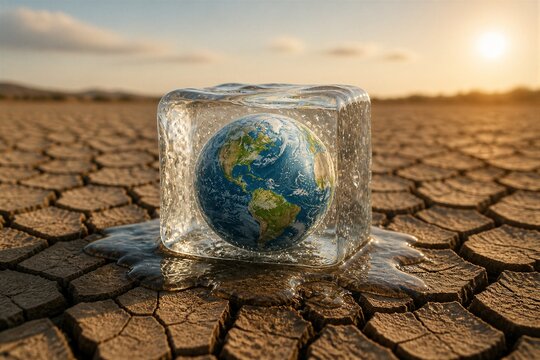 Earth globe encased in melting ice cube on cracked ground