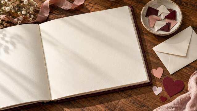 Open blank journal on wooden table with envelope, paper hearts, ribbon and dried flowers in soft sunlight