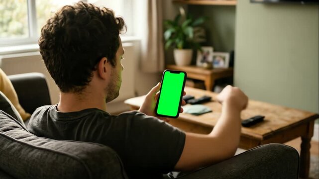 Young man sitting on sofa using smartphone with green screen mockup at home