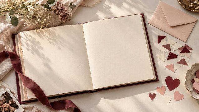 Open blank journal on a table staged with envelopes, paper hearts, ribbon, dried flowers, polaroid photos and soft sunlight