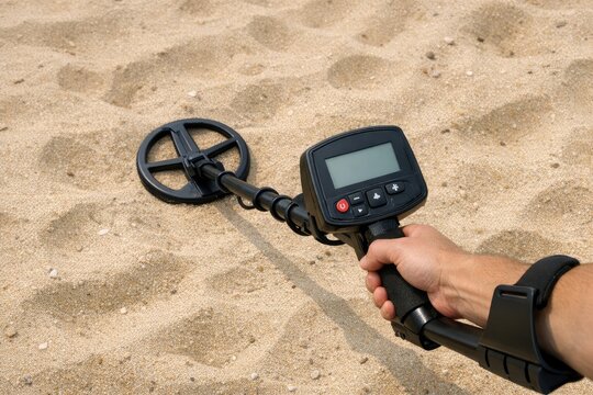 A person holds a metal detector on a sunny beach, searching for treasures