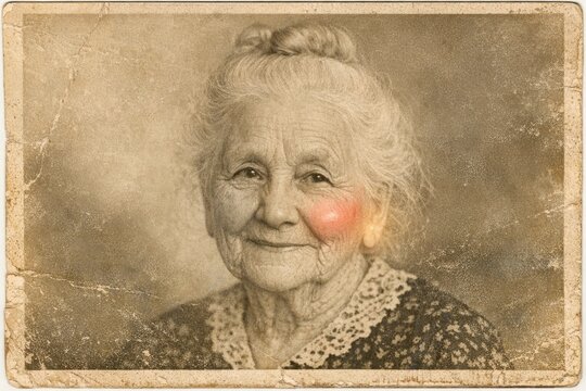 A classic black and white photograph showing a woman with a distinctive red spot on her cheek