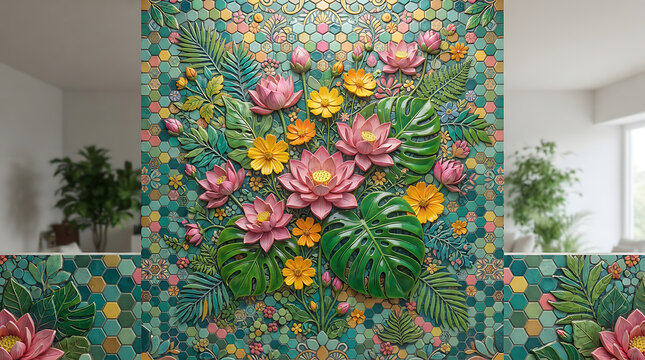 Floral mosaic wall art with lotus flowers and tropical leaves on a decorative hexagonal tile pattern