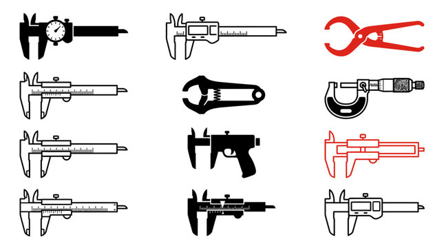 Precision measurement tool icon set featuring vernier calipers and micrometers.