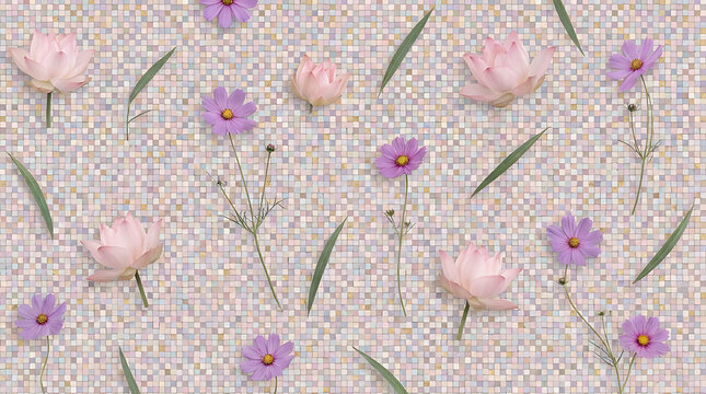 Blush lotus and purple cosmos floral pattern on a textured mosaic background for spring design