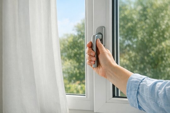 A person opening a window with a handle