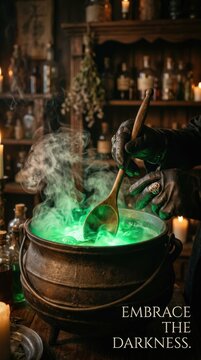Mystic cauldron potion: Halloween brew, green steam, wooden spoon, leather glove, magic bubble, dark alchemy, stir liquid, toxic vapor, witch vessel, secret recipe.