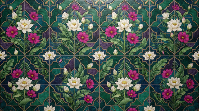 Seamless floral tile pattern with lotus flowers and pink cosmos on dark green ornamental background
