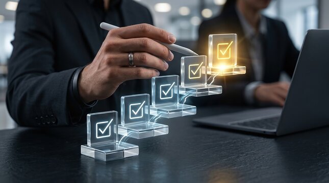 Businessman marking checkboxes with digital icons representing progress and completion
