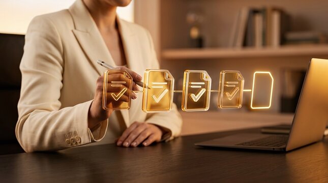 Businesswoman selecting options with holographic checklist in modern office setting