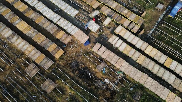 Aerial view of workers drying fish and jellyfish on wooden racks in a traditional facility in Cilacap Regency, Central Java, Indonesia.