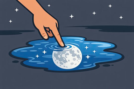 A person reaches out to touch the surface of the moon with their finger, in a moment of wonder and exploration