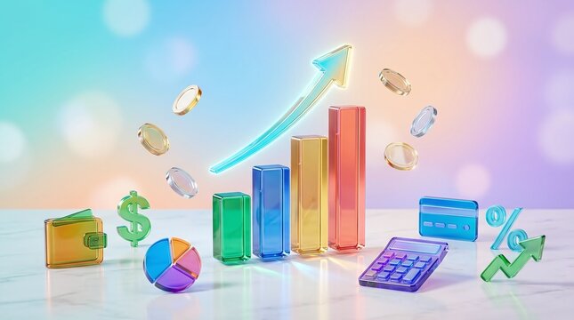 Colorful financial growth illustration with rising bar chart and money symbols