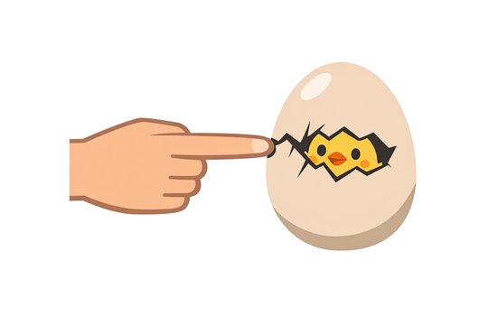 A hand points out a broken egg with a smiley face, possibly indicating disappointment or frustration