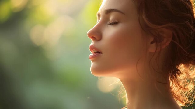 Peaceful female profile: fresh breath, clean air, inhale oxygen, enjoy nature, serene face, calm wellness, morning sun, outdoor vitality, pure relaxation.