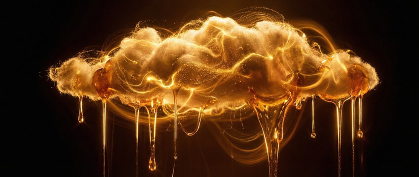 Golden fire cloud with dripping molten streams against dark background