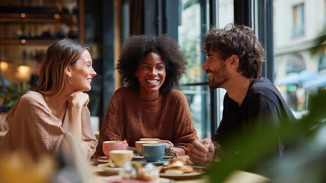 Three Diverse Friends Smiling and Talking Over Coffee in Modern Cafe