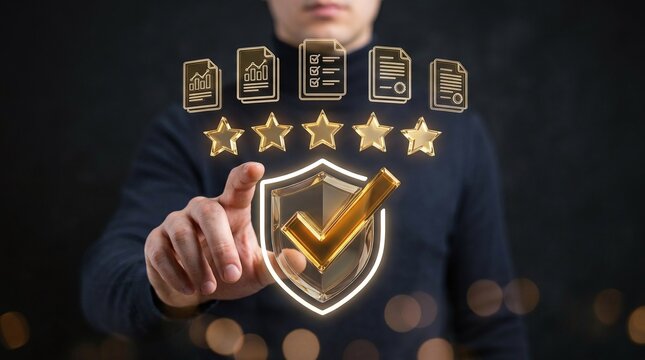 Digital security and protection shield with checkmark and star ratings
