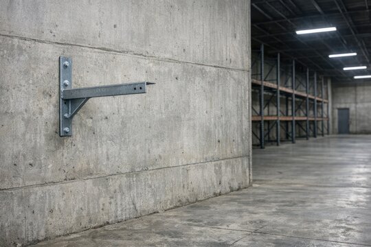A metal shelf installed on a concrete wall, providing storage space